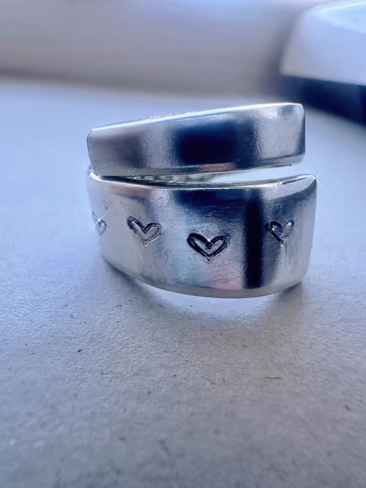 Vintage Spoon Ring Silver Plated – Hand Stamped Heart Band – Adjustable Reclaimed Flatware Ring – Valentine’s Day Gift for Her