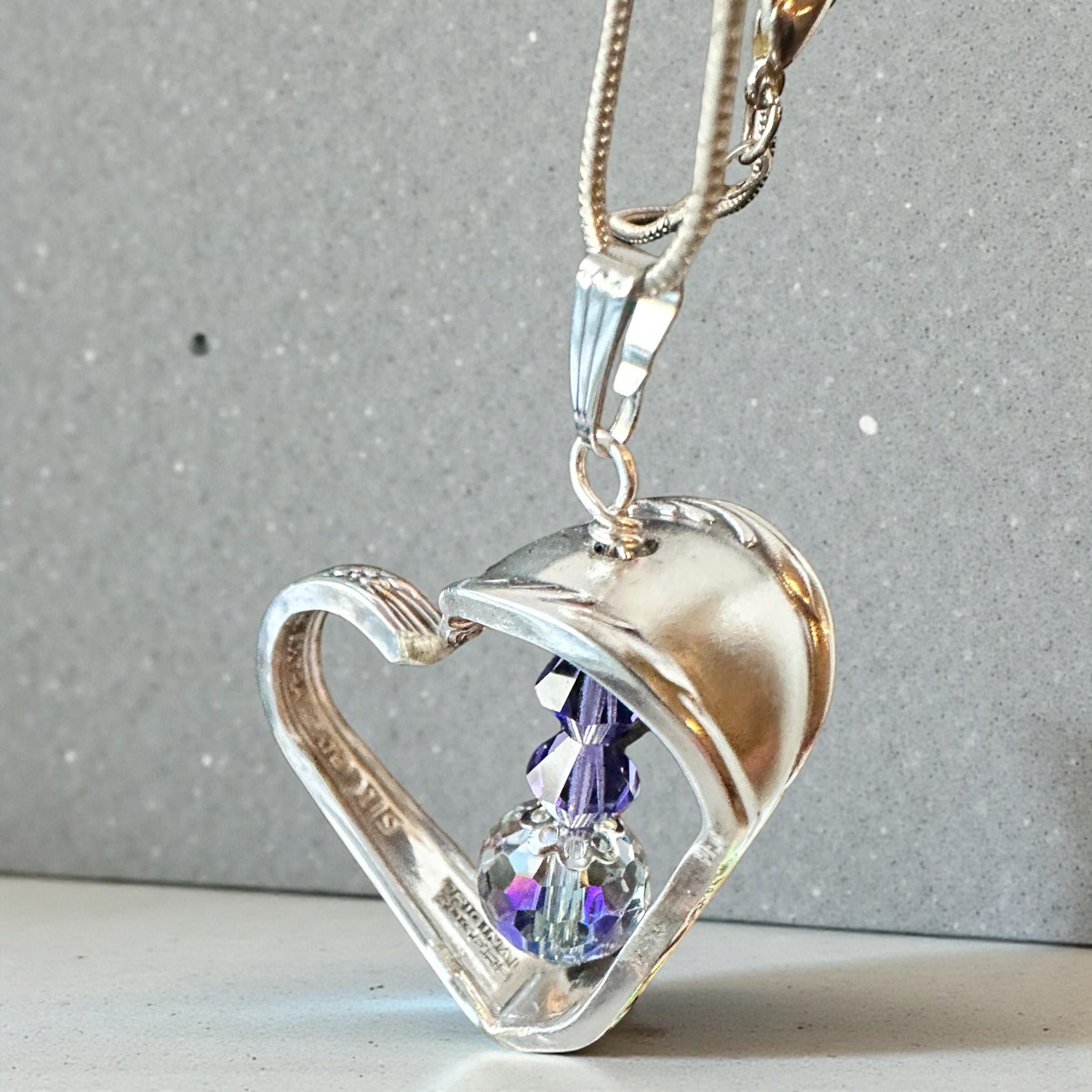 Upcycled Spoon Heart Necklace – Handmade Crystal Pendant – Romantic Gift Jewelry – Gift Box Included