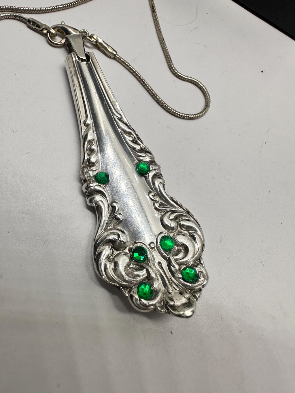 Upcycled Vintage Spoon Pendant Necklace with  • Emerald Swarovski crystals– Handmade Silverware Jewelry