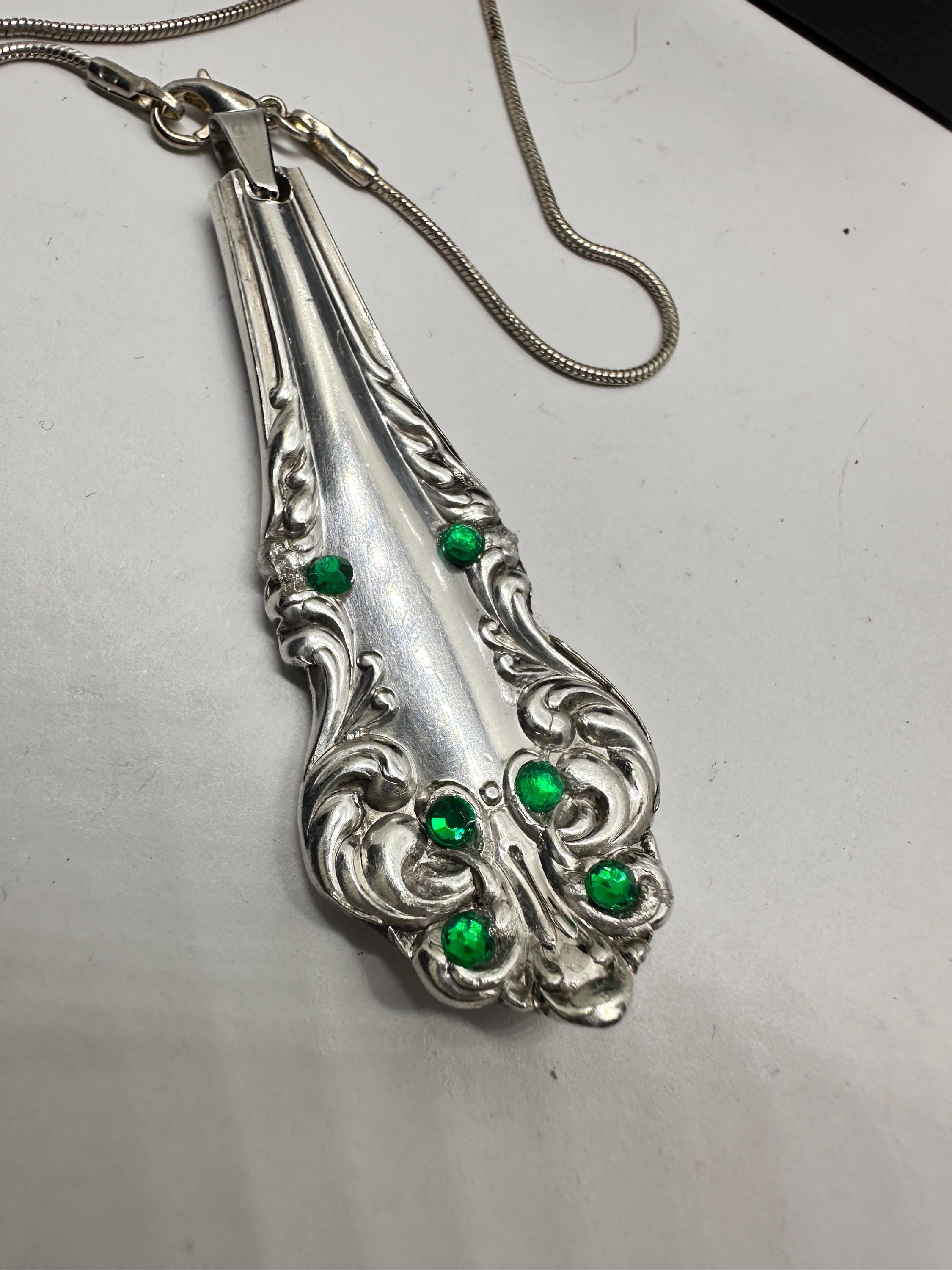 Upcycled Vintage Spoon Pendant Necklace with  • Emerald Swarovski crystals– Handmade Silverware Jewelry