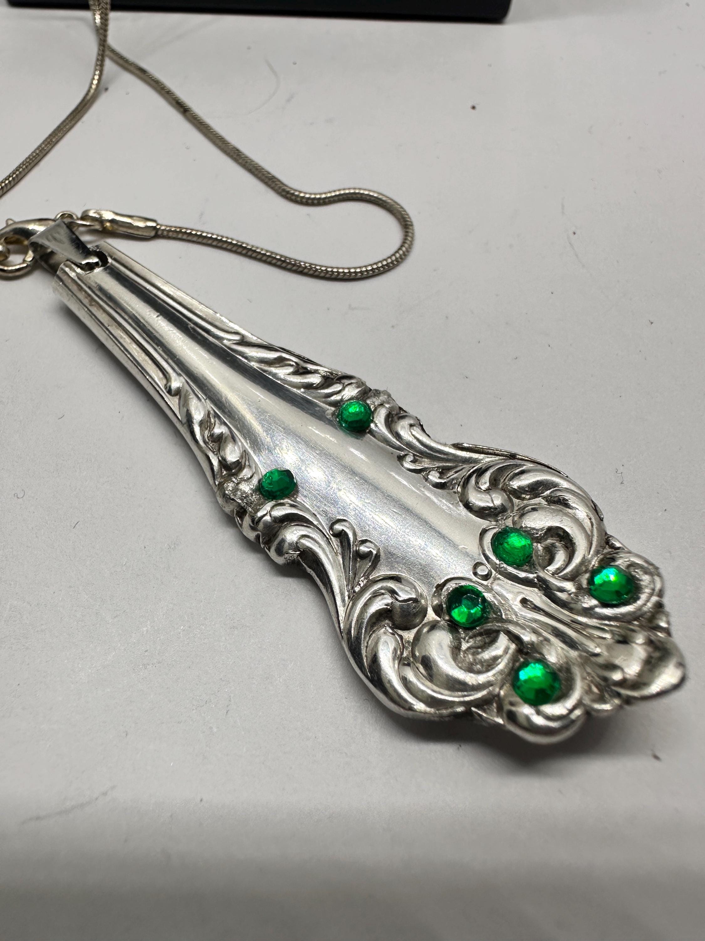 Upcycled Vintage Spoon Pendant Necklace with  • Emerald Swarovski crystals– Handmade Silverware Jewelry