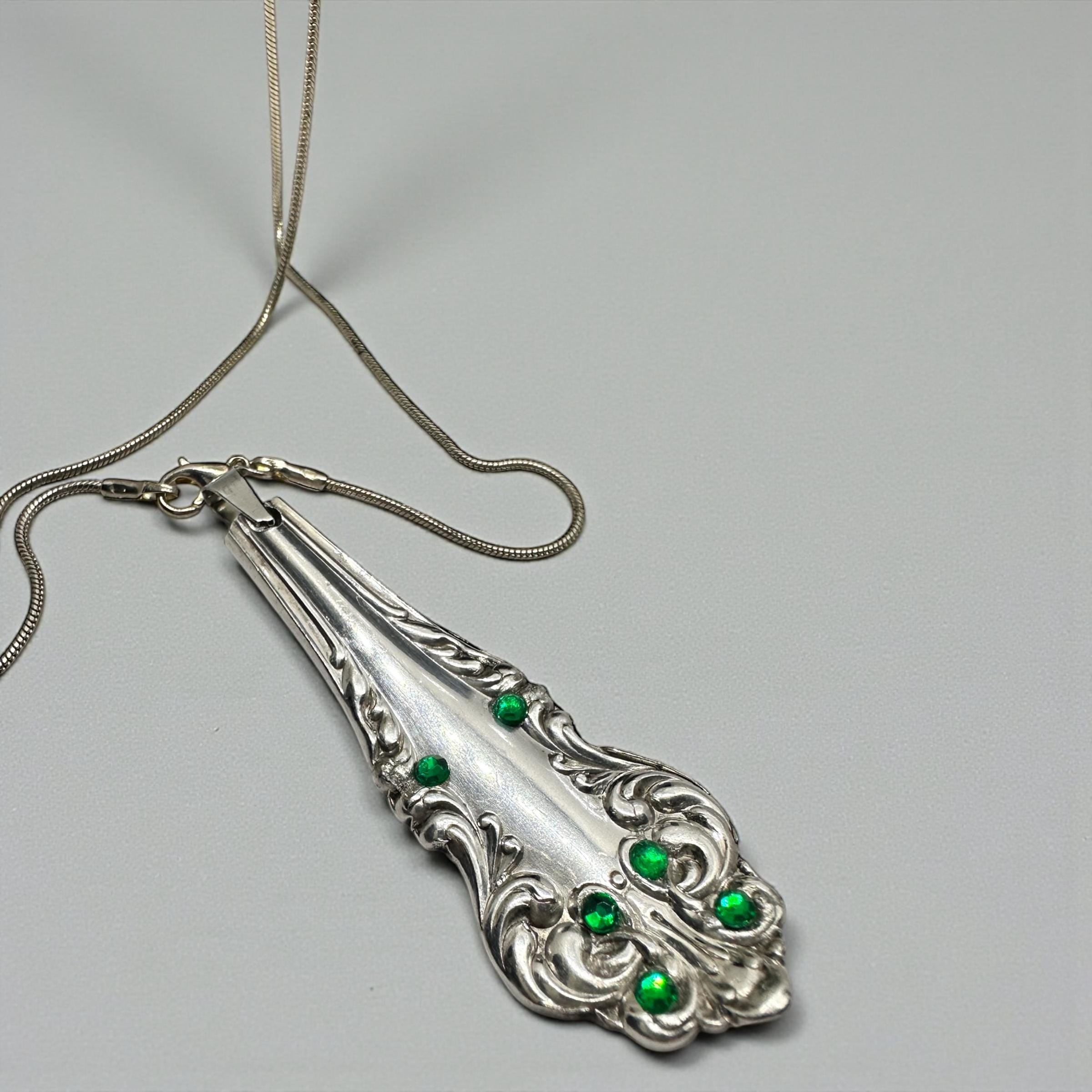 Upcycled Vintage Spoon Pendant Necklace with  • Emerald Swarovski crystals– Handmade Silverware Jewelry