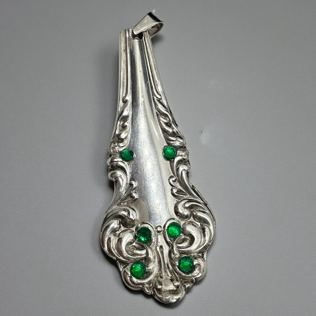 Upcycled Vintage Spoon Pendant Necklace with  • Emerald Swarovski crystals– Handmade Silverware Jewelry