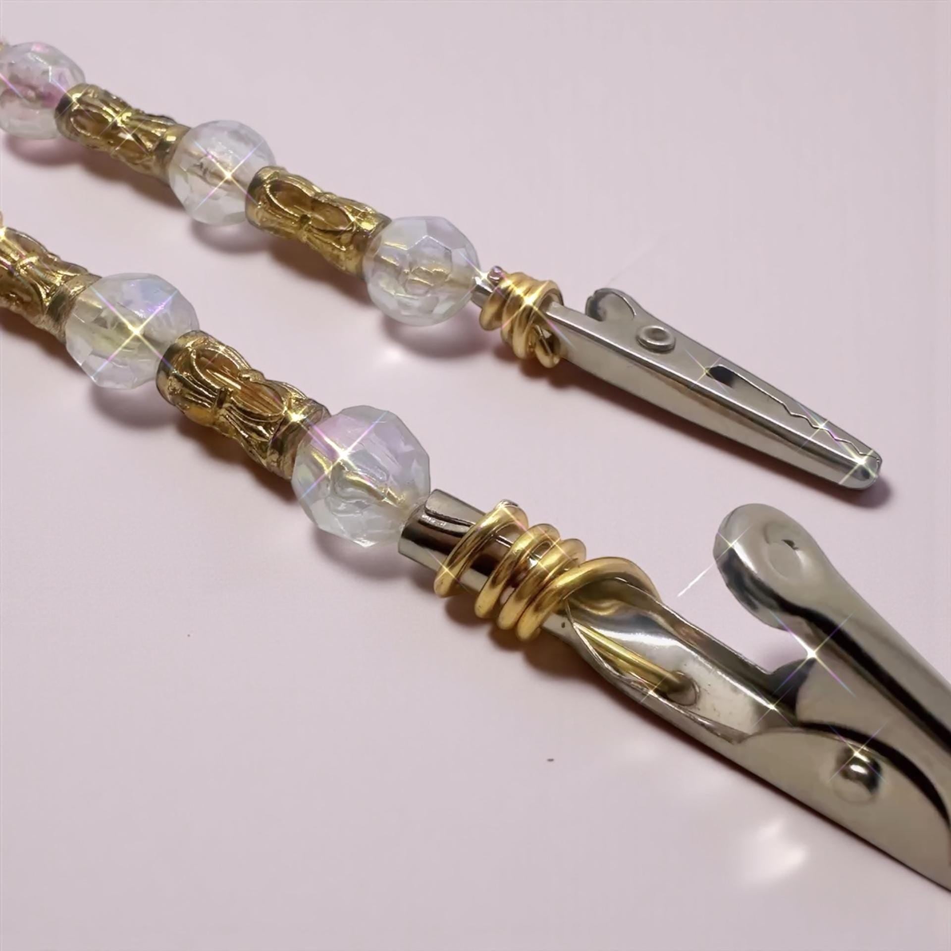 Gold & Iridescent Beaded ATM Card Clip set  – Handmade Long Nail Helper – Crystal Bracelet – Keyring Grabber Accessory