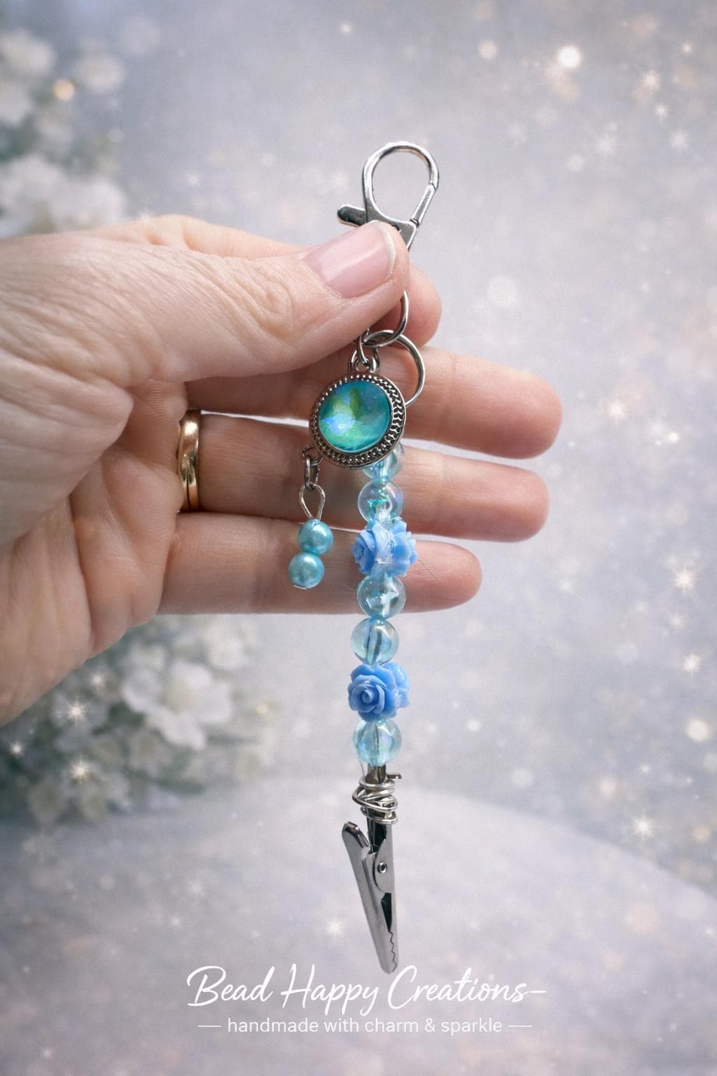 Blue Rose Beaded Bracelet Helper – Floral Resin ATM Card Clip with Crystal Accent