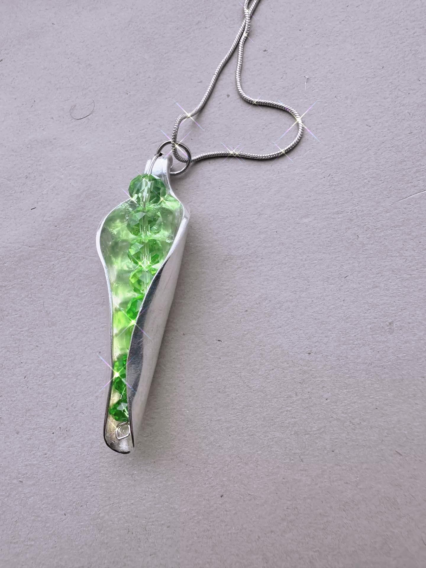 Spoon Upcycled Necklace Sweet Pea Pod – Crystal Garden Pod Pendant – Upcycled Silverware Jewelry