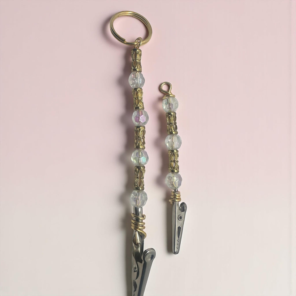 Gold & Iridescent Beaded ATM Card Clip set  – Handmade Long Nail Helper – Crystal Bracelet – Keyring Grabber Accessory
