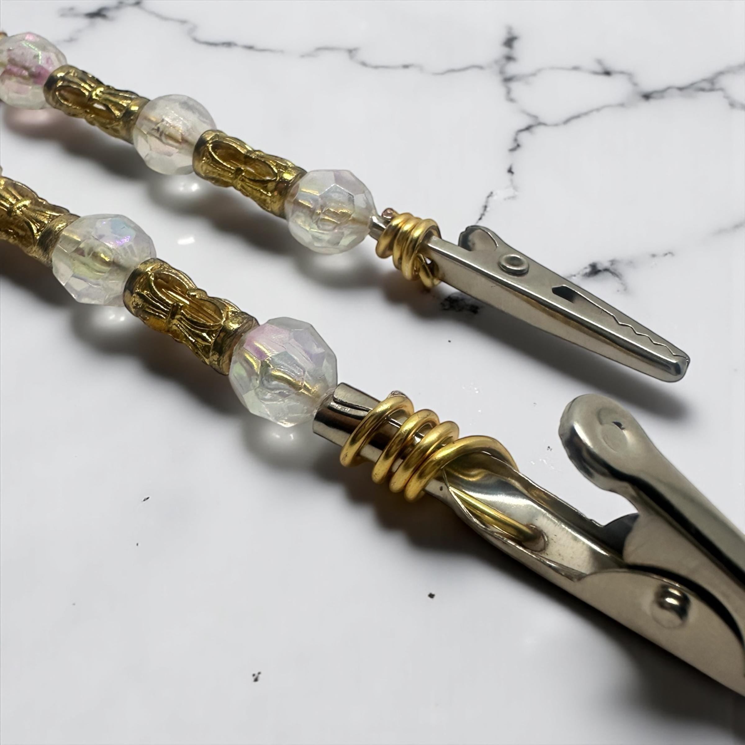 Gold & Iridescent Beaded ATM Card Clip set  – Handmade Long Nail Helper – Crystal Bracelet – Keyring Grabber Accessory