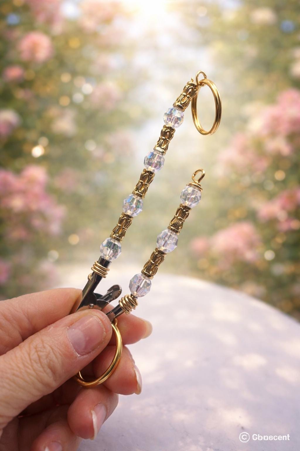 Gold & Iridescent Beaded ATM Card Clip set  – Handmade Long Nail Helper – Crystal Bracelet – Keyring Grabber Accessory