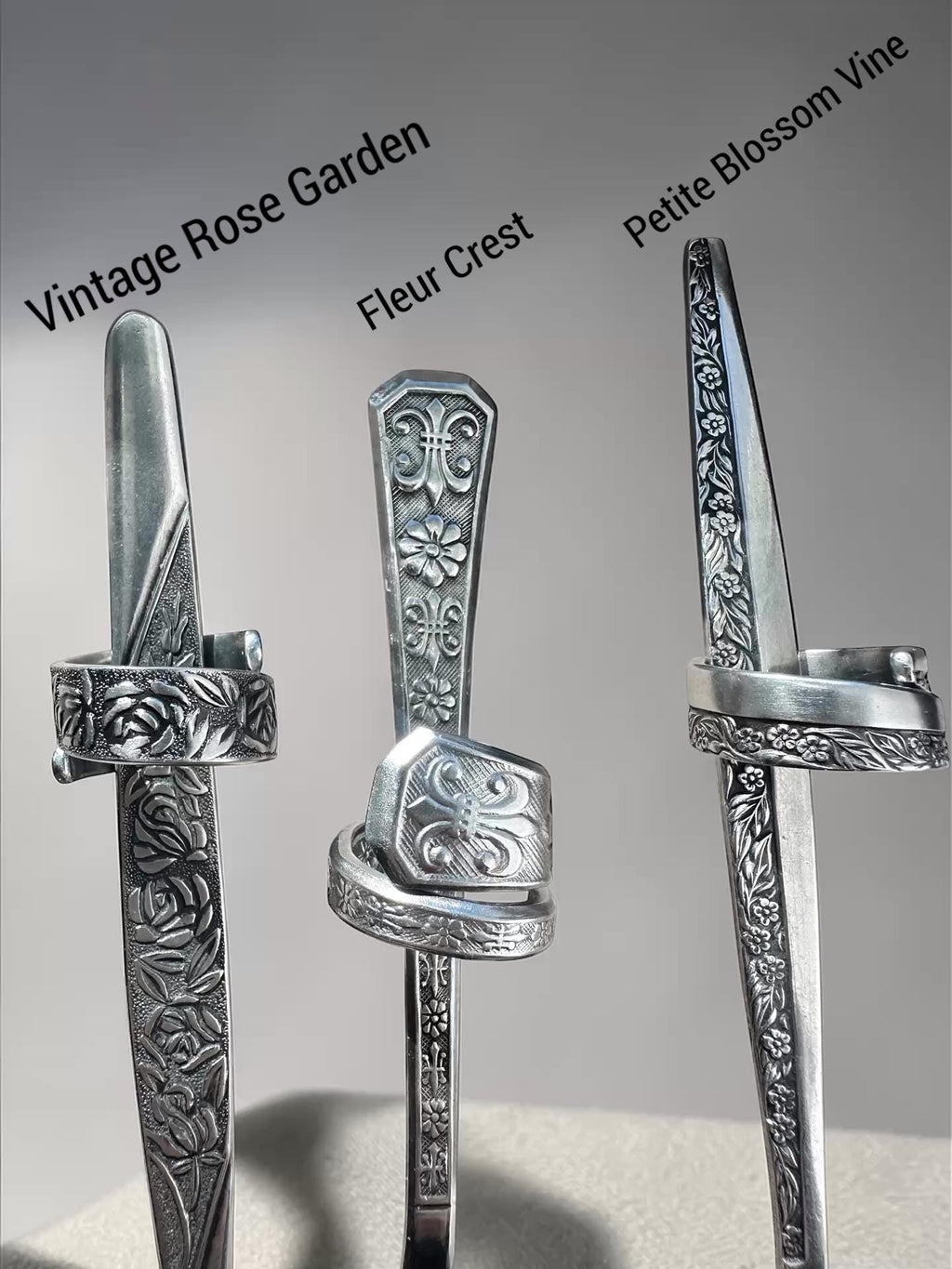 Vintage Spoon Ring – Rose Garden, Fleur Crest, Petite Blossom Vine Patterns