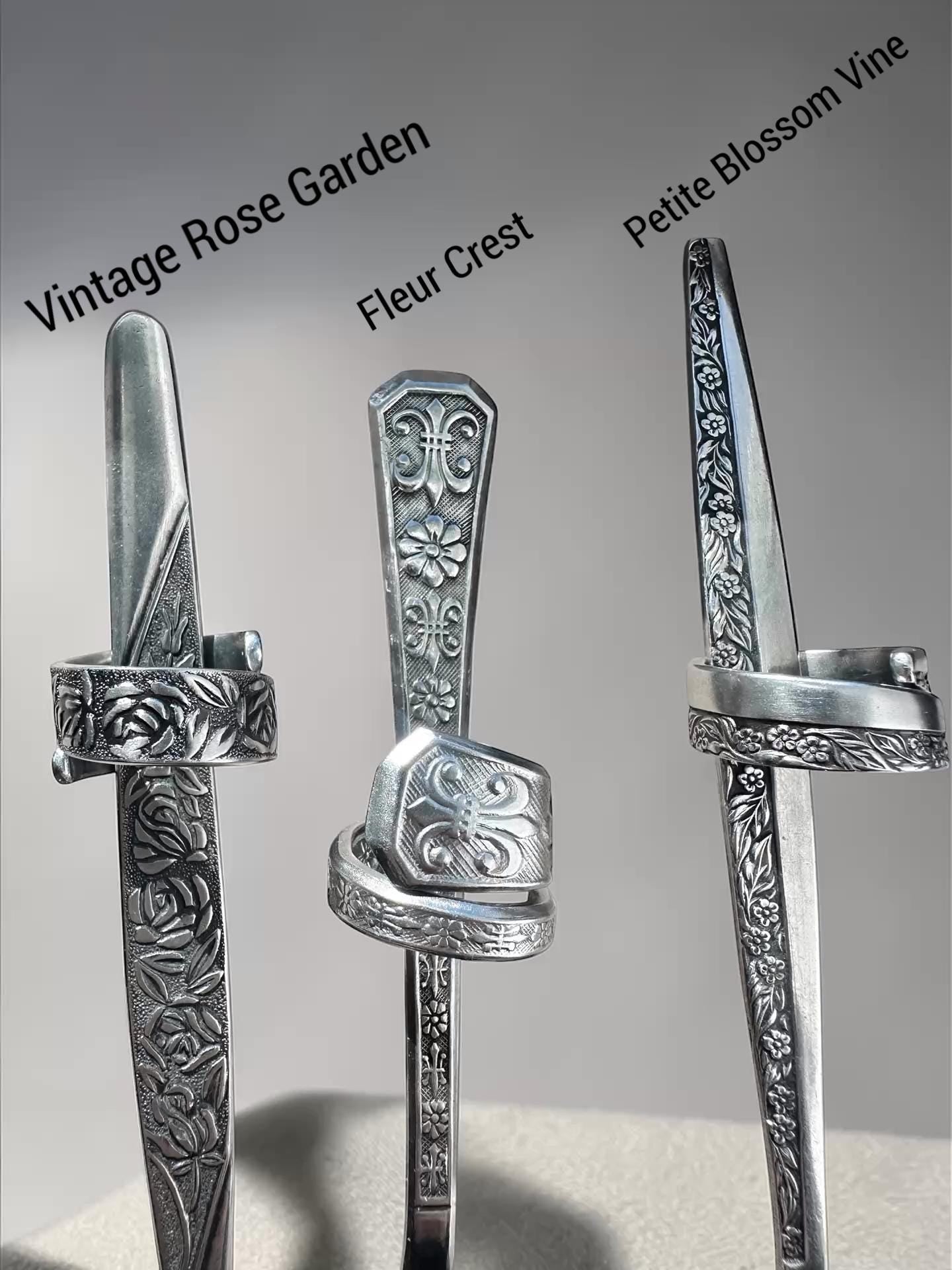 Vintage Spoon Ring – Rose Garden, Fleur Crest, Petite Blossom Vine Patterns