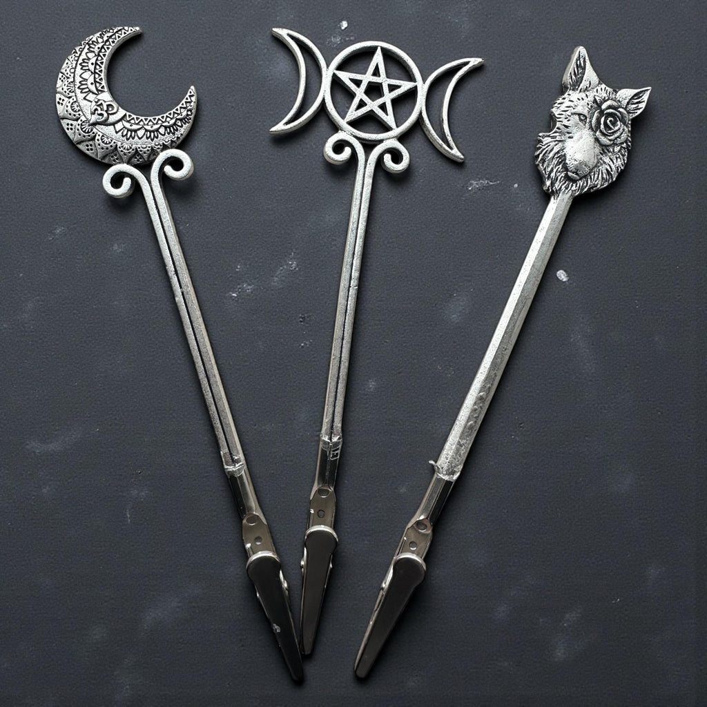 Gothic Moon & Wolf ATM Card Clip Bracelet Helpers – Triple Moon Pentacle – Long Nail Grabber Tool – Handmade Silver Metal Grip
