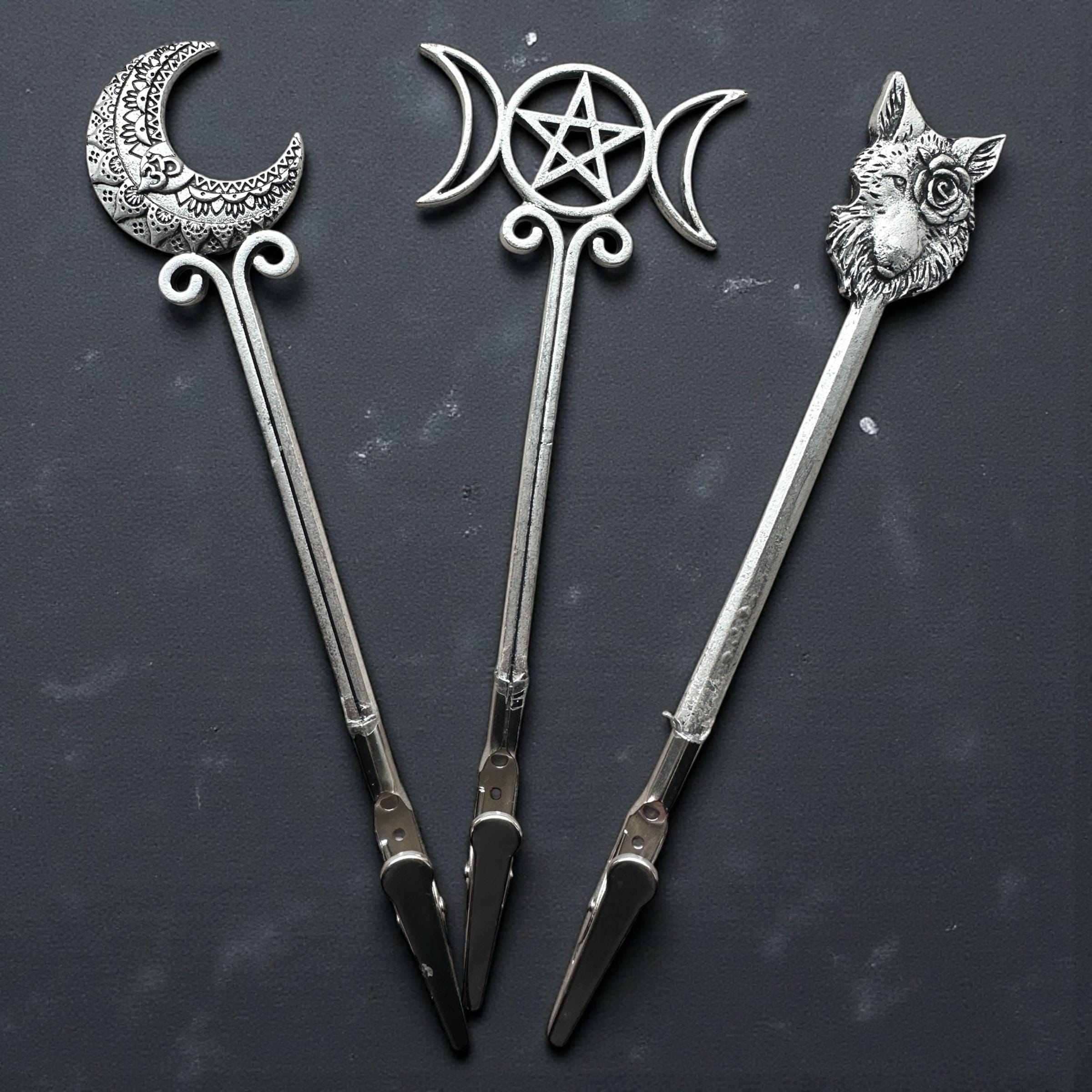 Gothic Moon & Wolf ATM Card Clip Bracelet Helpers – Triple Moon Pentacle – Long Nail Grabber Tool – Handmade Silver Metal Grip