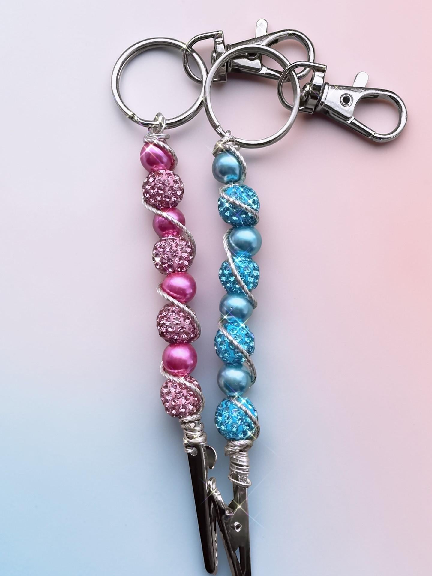 Beaded ATM Card Clip – Wire Wrapped Rhinestone Keychain – Pink or Blue Sparkle Grabber Tool