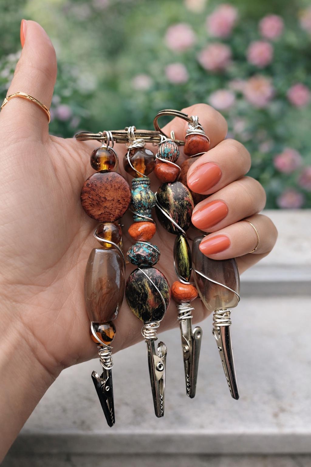 Wire Wrapped Beaded Card Grabber Keychain, Bracelet Helper Tool, Long Nail Clip