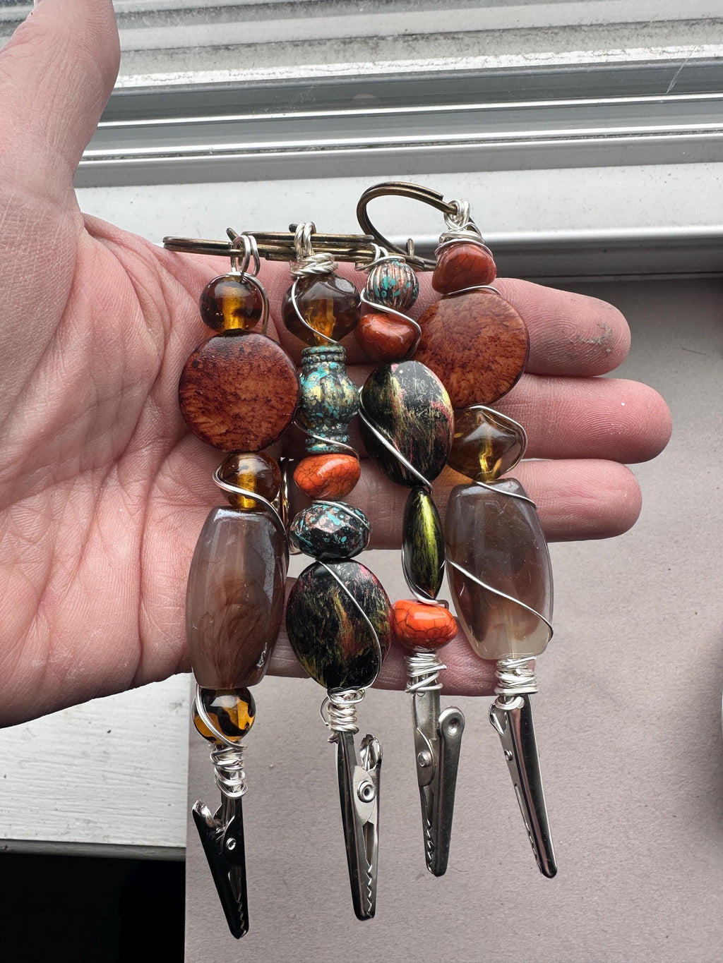Wire Wrapped Beaded Card Grabber Keychain, Bracelet Helper Tool, Long Nail Clip