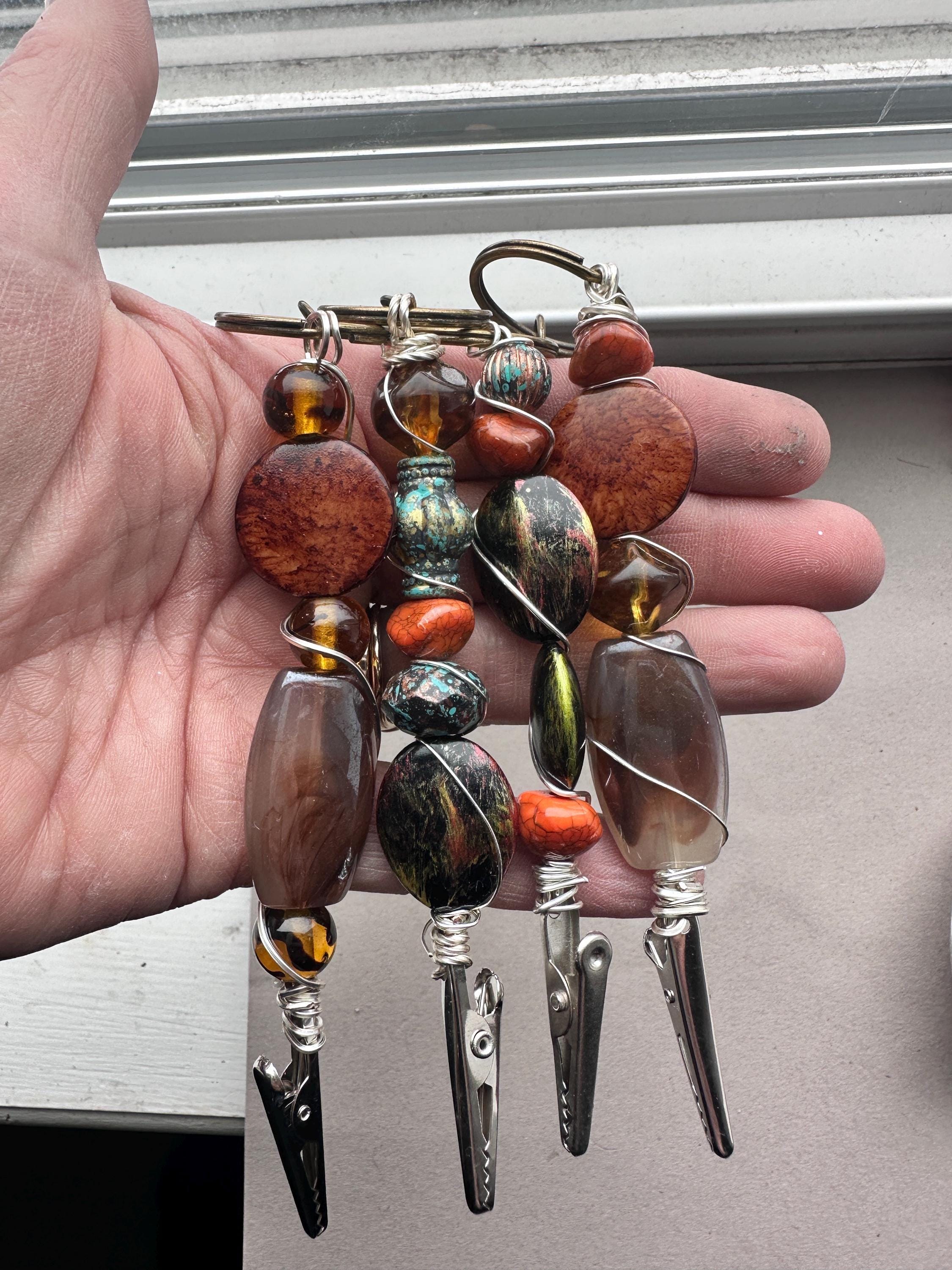 Wire Wrapped Beaded Card Grabber Keychain, Bracelet Helper Tool, Long Nail Clip