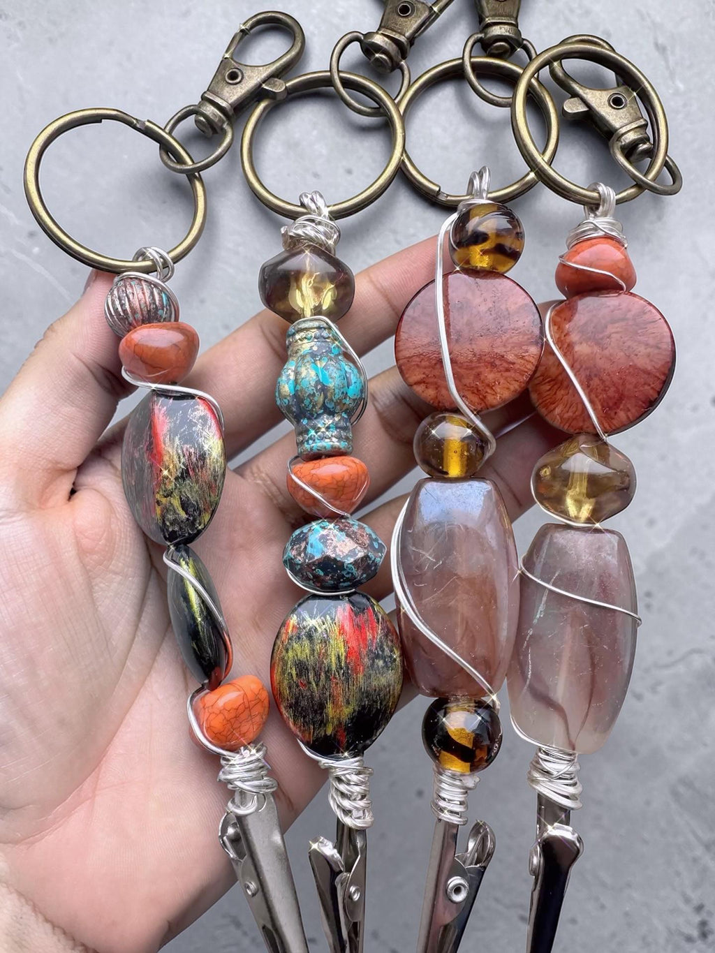 Wire Wrapped Beaded Card Grabber Keychain, Bracelet Helper Tool, Long Nail Clip