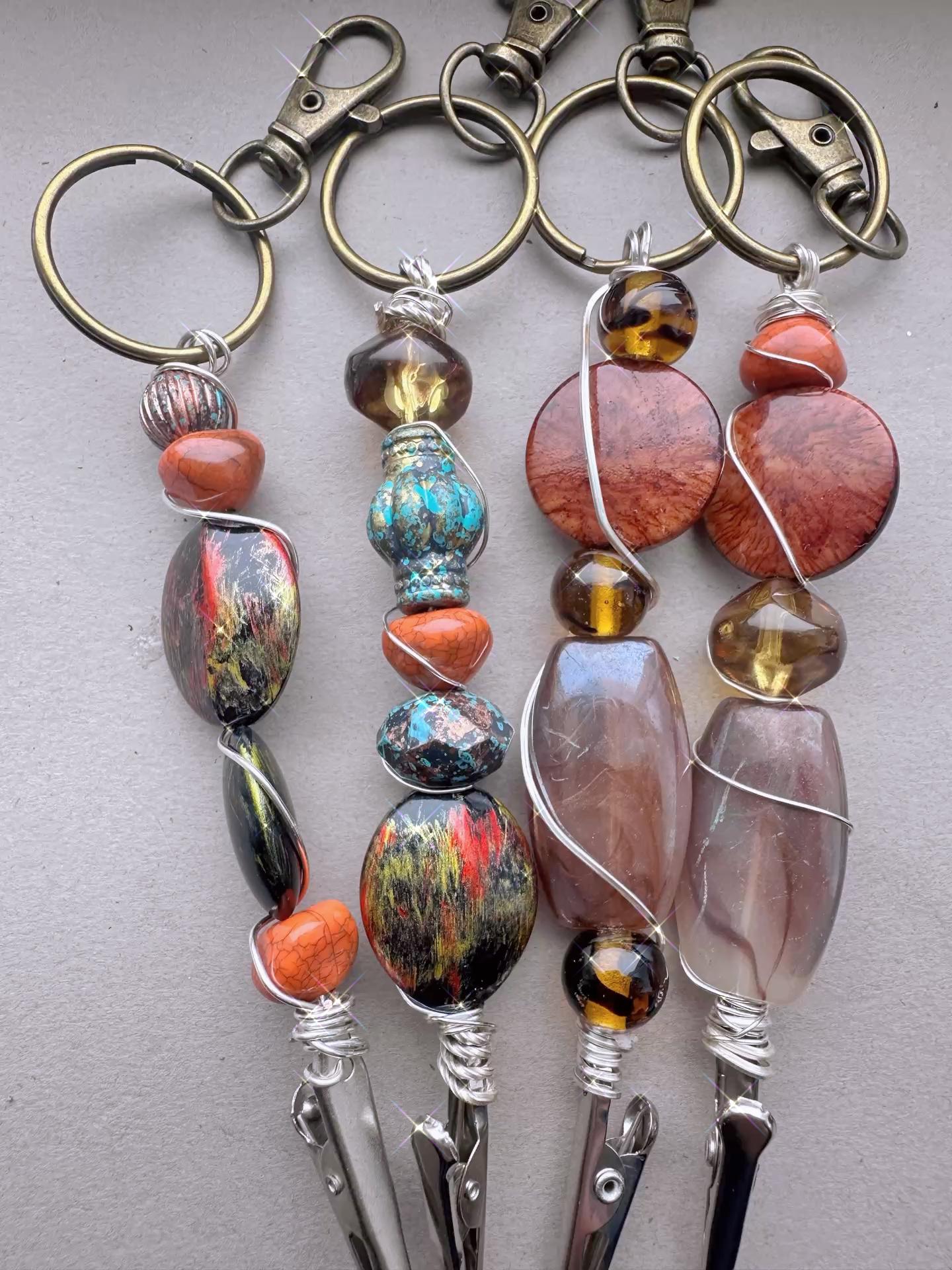 Wire Wrapped Beaded Card Grabber Keychain, Bracelet Helper Tool, Long Nail Clip
