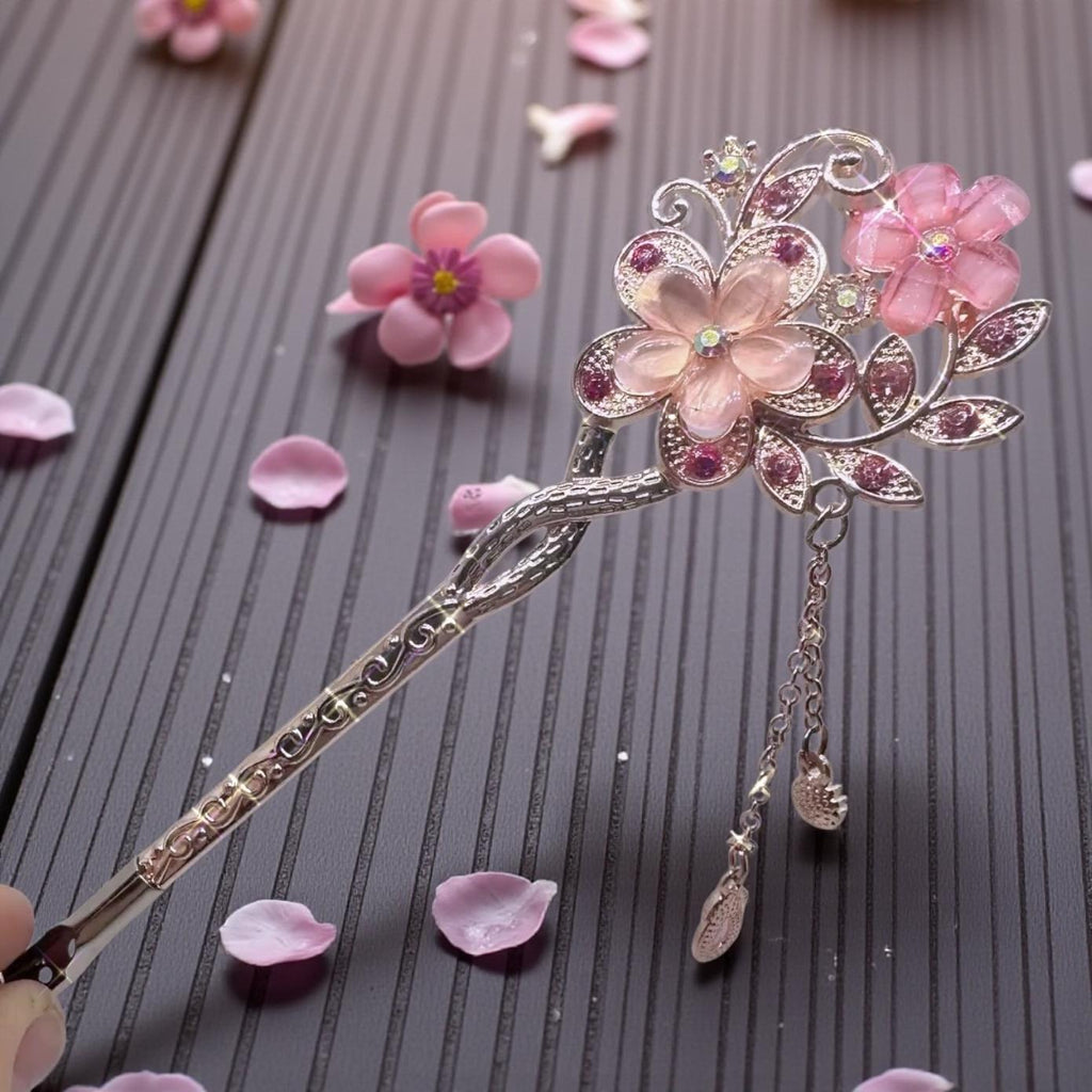 Pink Crystal Flower Bracelet Helper – Handmade Beaded ATM Card Clip – Long Nail Bracelet Buddy Tool – Rose Gold Floral Jewelry Aid
