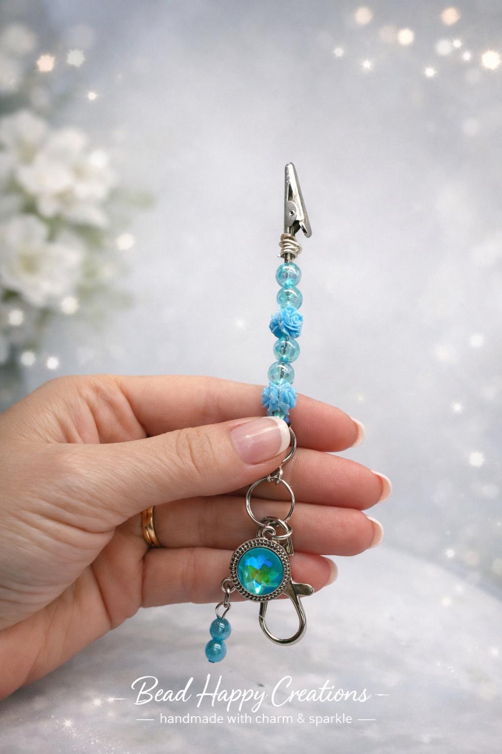 Blue Rose Beaded Bracelet Helper – Floral Resin ATM Card Clip with Crystal Accent