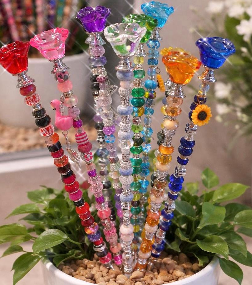 Garden fairy Wand Crystal arose  – Beaded Plant Stake with Removable Charms (16-18 Inch) spring home decor