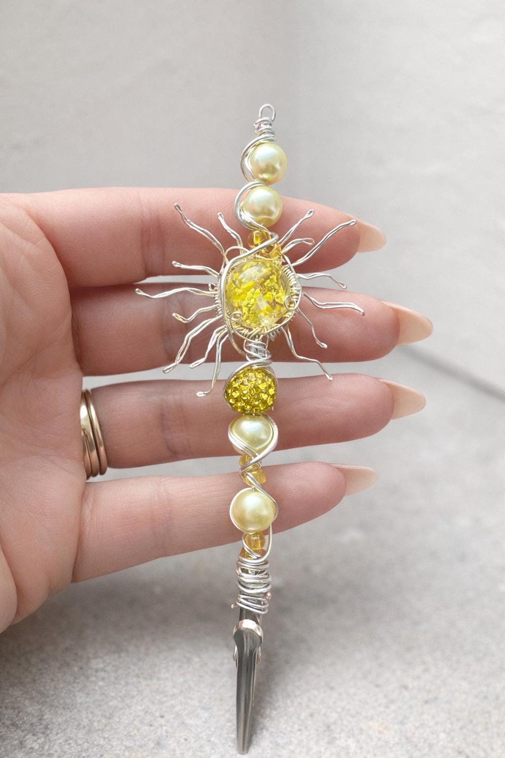 Handmade Solar Sun ATM Card Clip – Wire Wrapped Crystal Beaded Debit Card Grabber