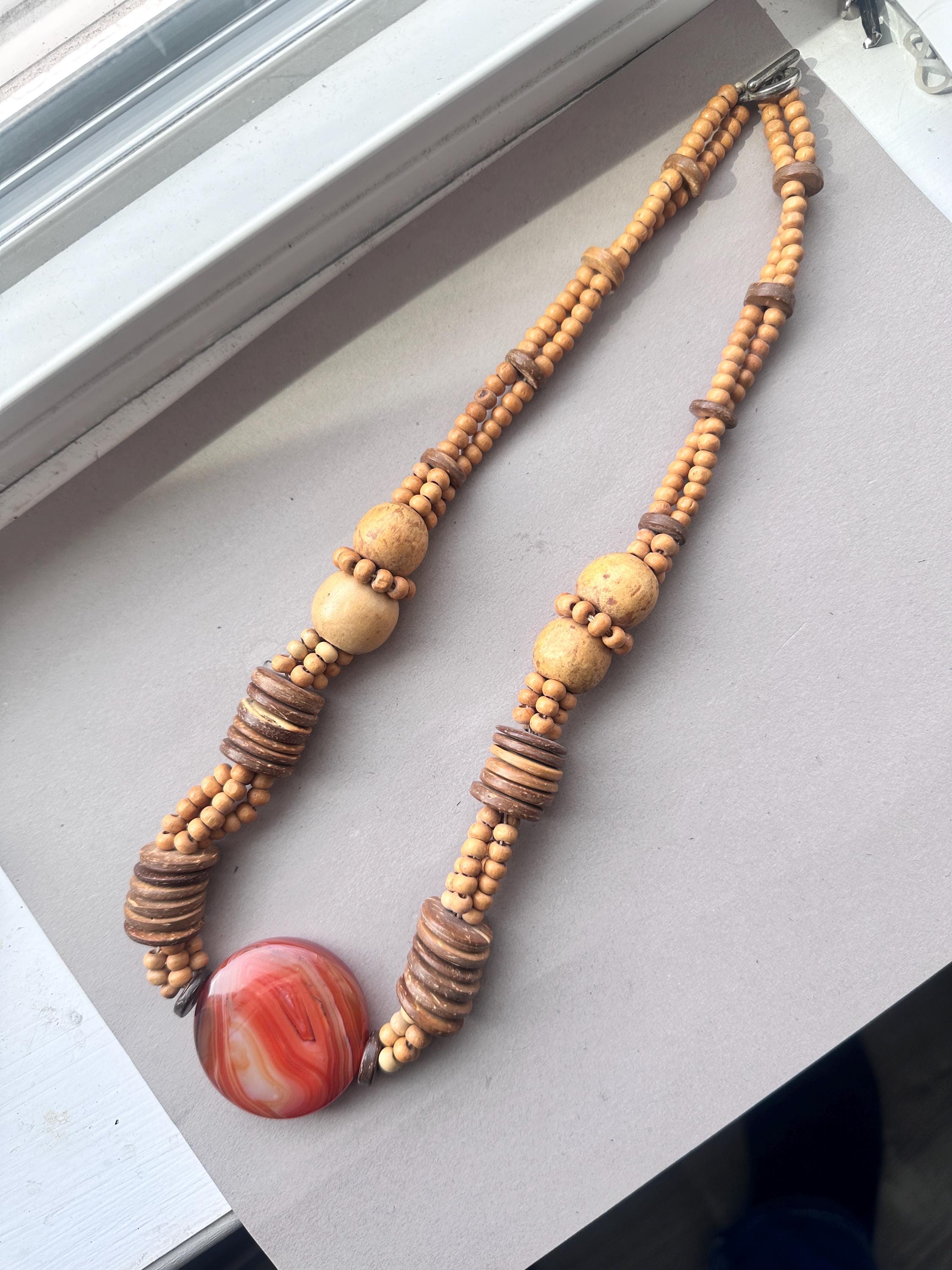 Boho Wooden Bead Necklace with Banded Agate Pendant | Earth Tone Statement Jewelry