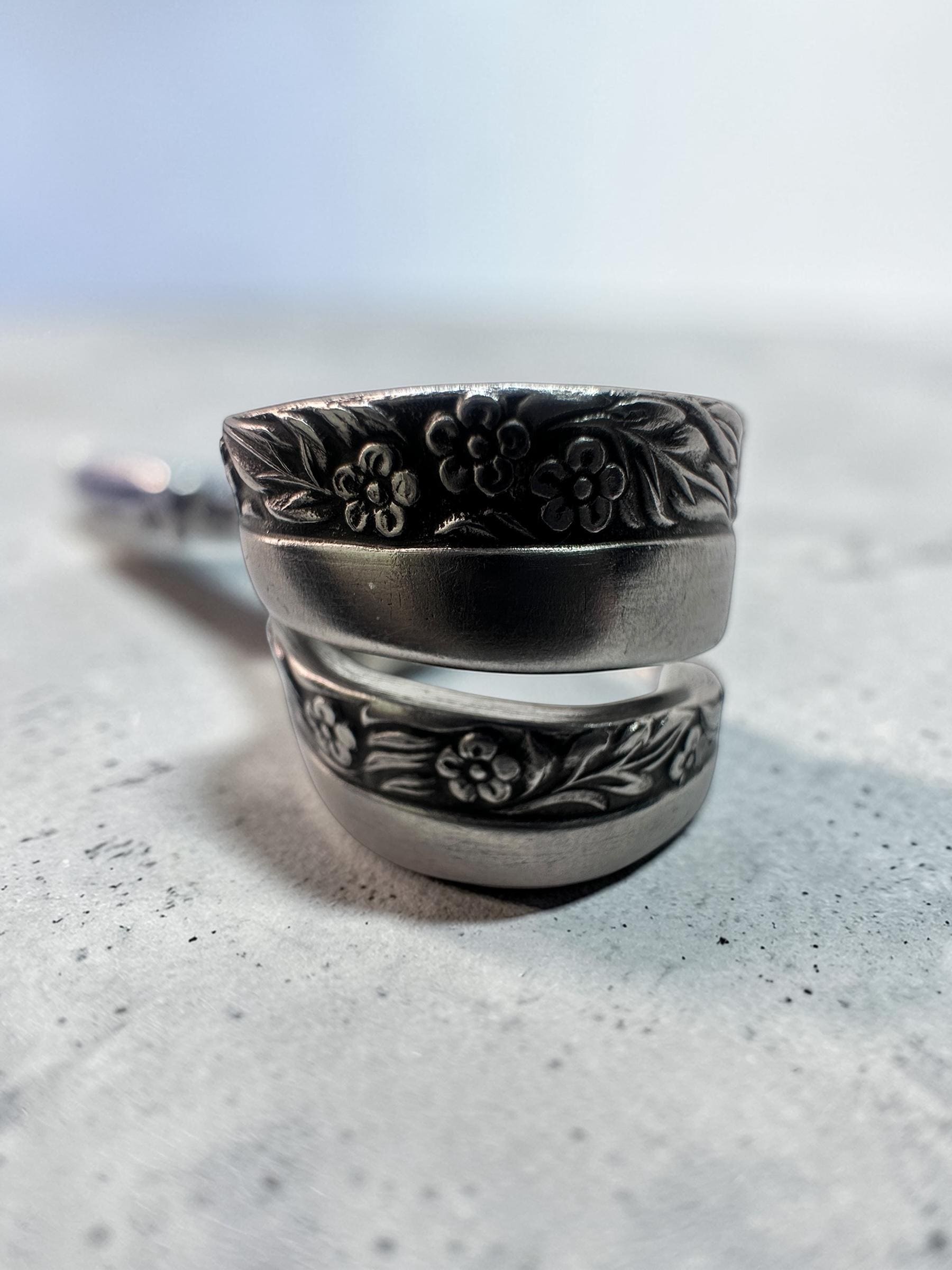 Vintage Coventry Floral Spoon Ring – Upcycled Stainless Steel Jewelry – Pick Size
