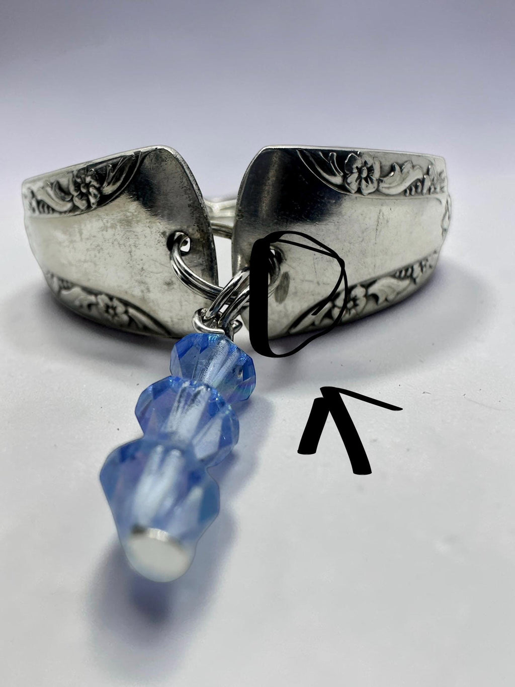Upcycled Silver-Plated Spoon Bracelet | Floral Engraved Cuff with Blue Crystal Charm