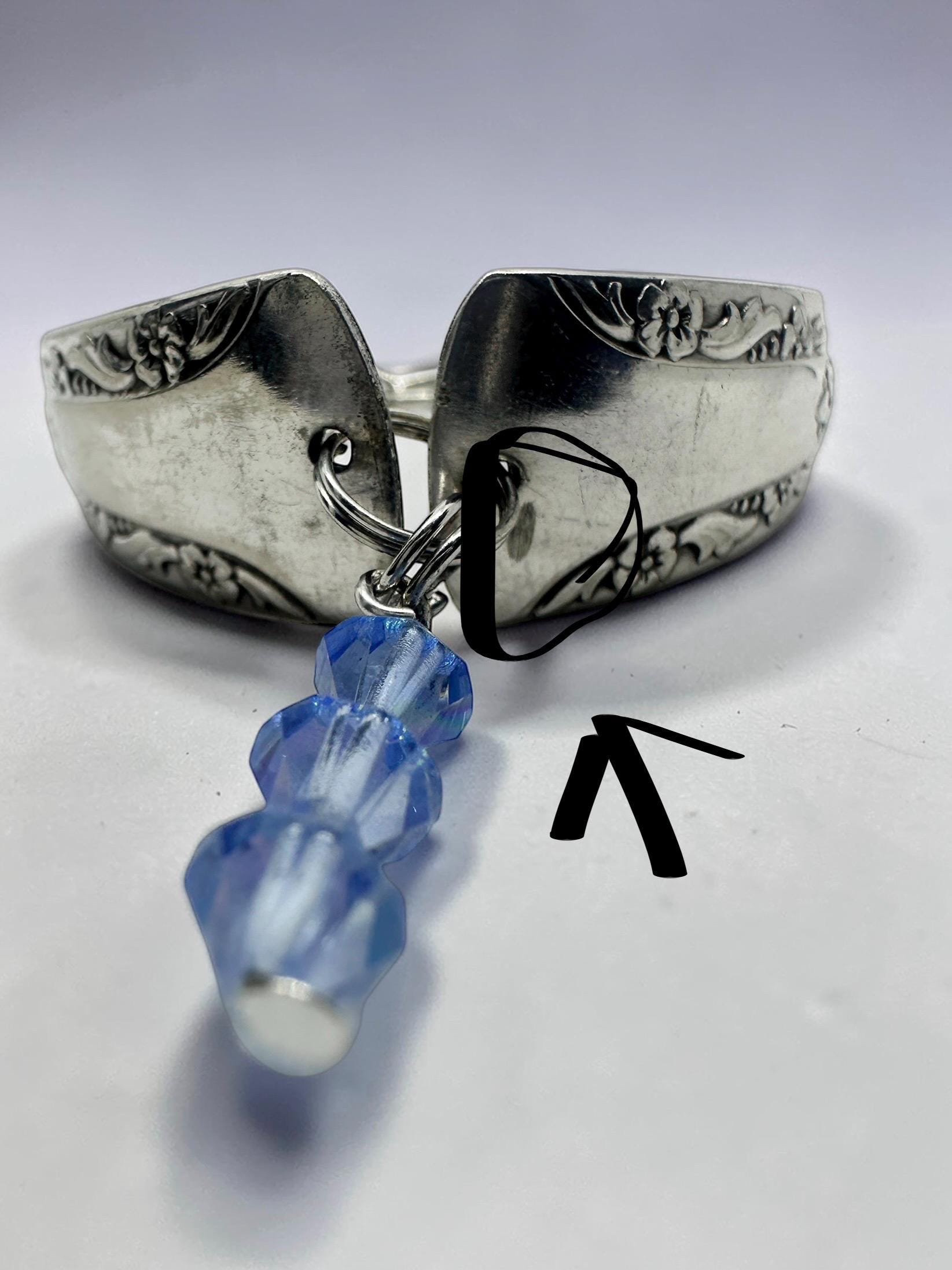 Upcycled Silver-Plated Spoon Bracelet | Floral Engraved Cuff with Blue Crystal Charm