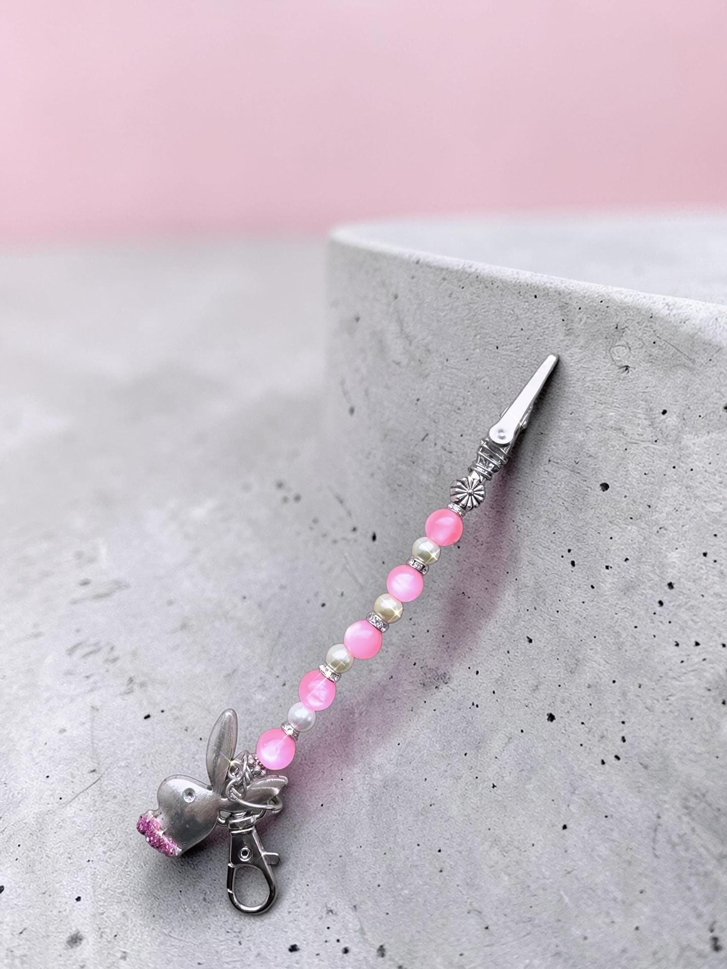 Pink Beaded Bracelet Helper with Bunny Charm, Card Grabber Keychain Accessory