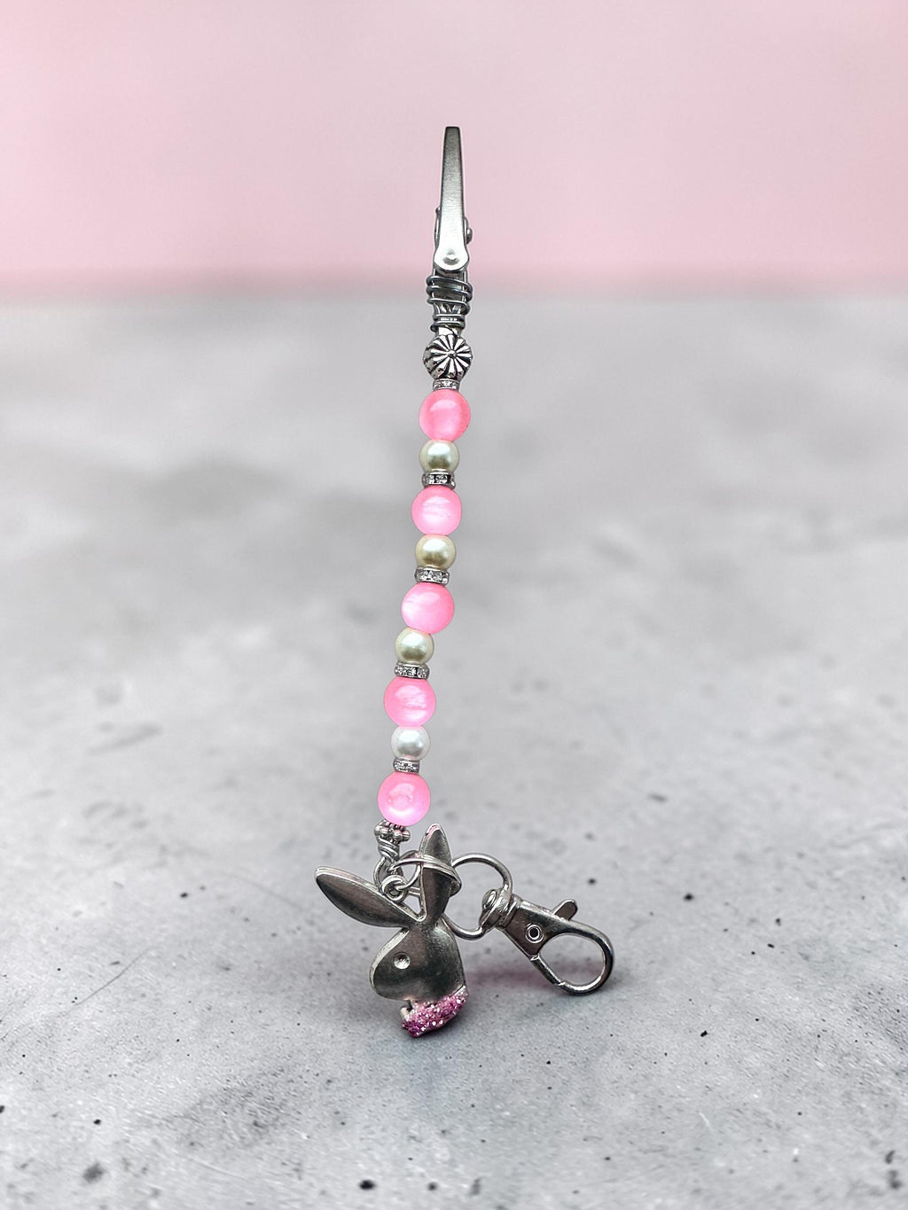 Pink Beaded Bracelet Helper with Bunny Charm, Card Grabber Keychain Accessory