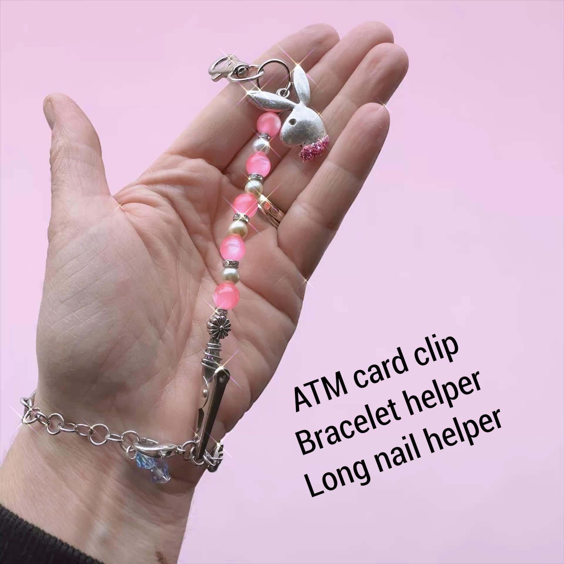 Pink Beaded Bracelet Helper with Bunny Charm, Card Grabber Keychain Accessory