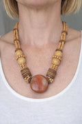 Boho Wooden Bead Necklace with Banded Agate Pendant | Earth Tone Statement Jewelry