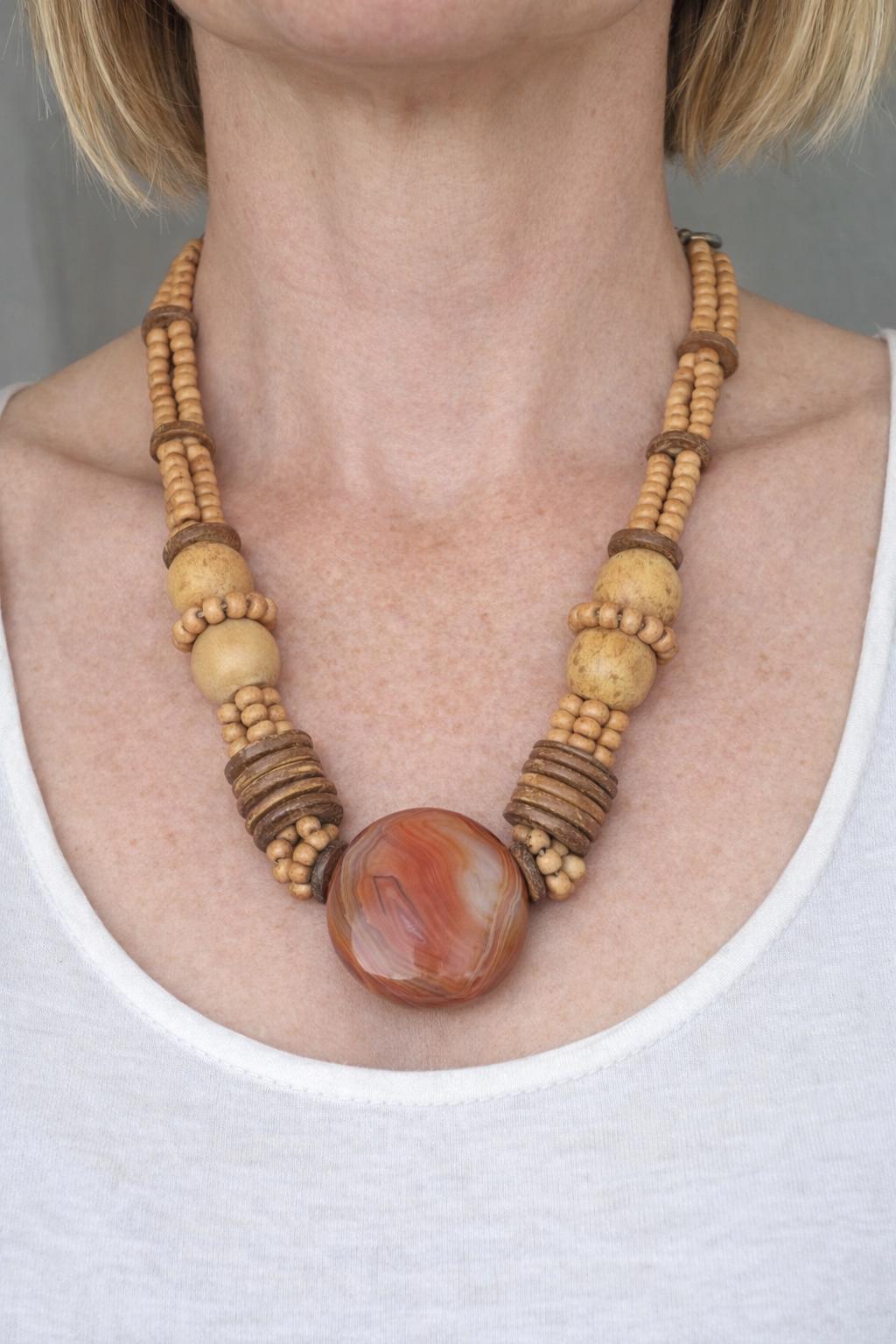 Boho Wooden Bead Necklace with Banded Agate Pendant | Earth Tone Statement Jewelry