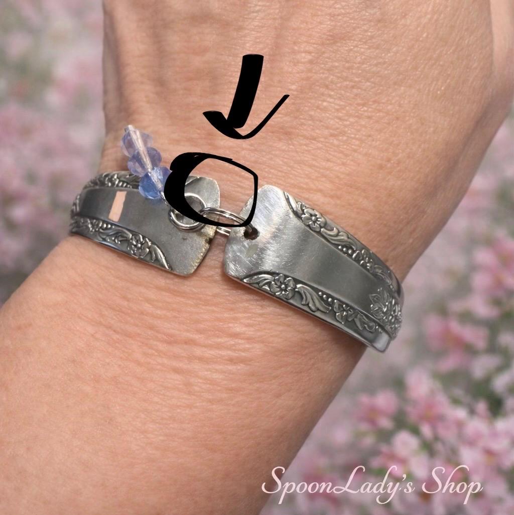 Upcycled Silver-Plated Spoon Bracelet | Floral Engraved Cuff with Blue Crystal Charm