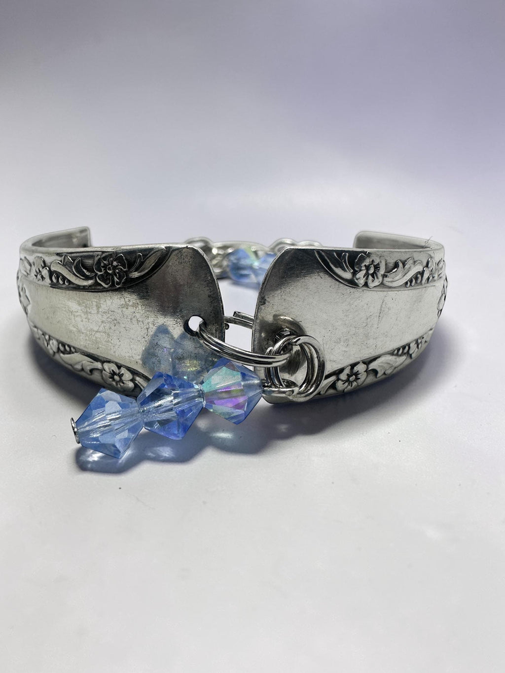 Upcycled Silver-Plated Spoon Bracelet | Floral Engraved Cuff with Blue Crystal Charm