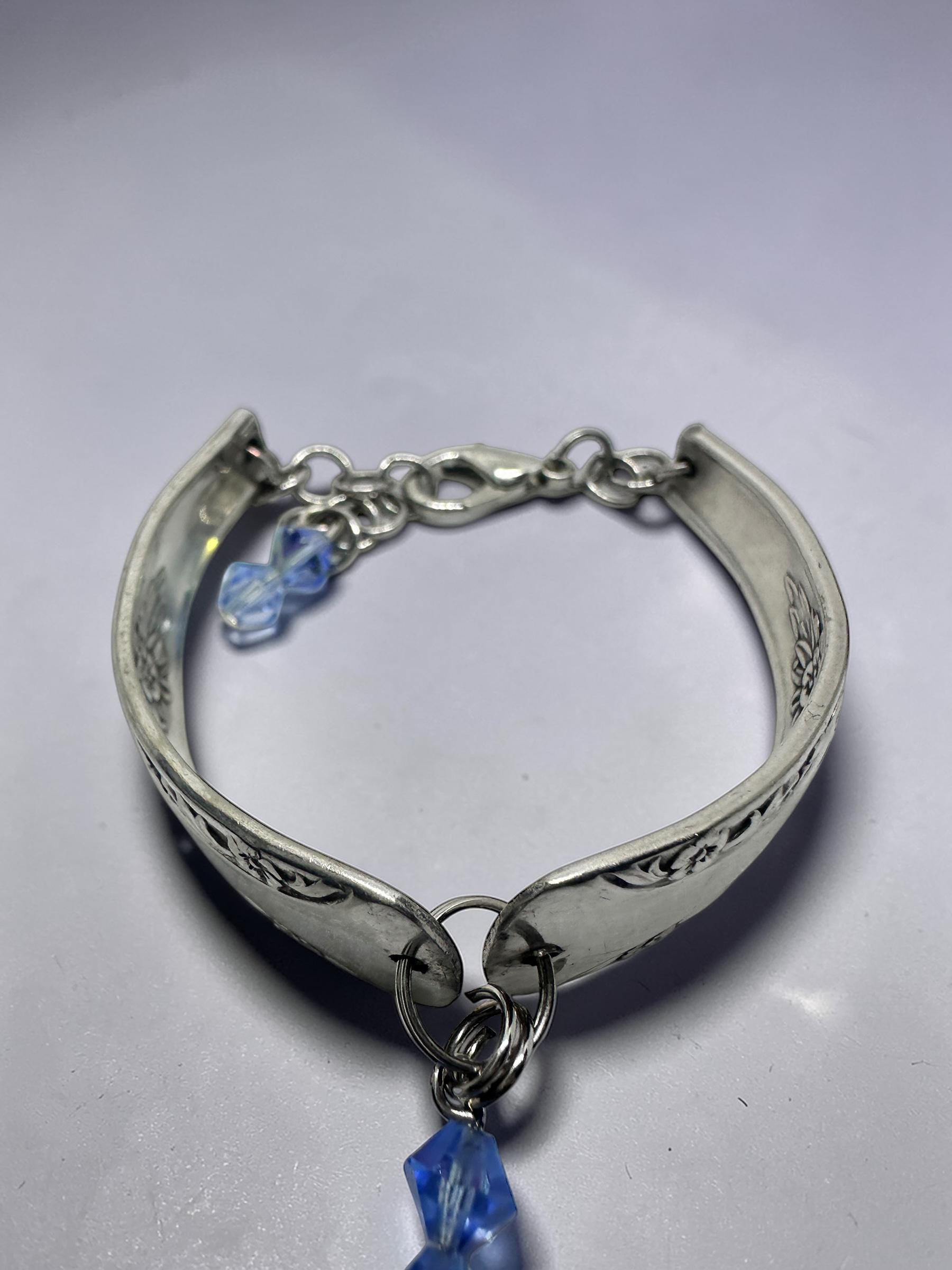 Upcycled Silver-Plated Spoon Bracelet | Floral Engraved Cuff with Blue Crystal Charm