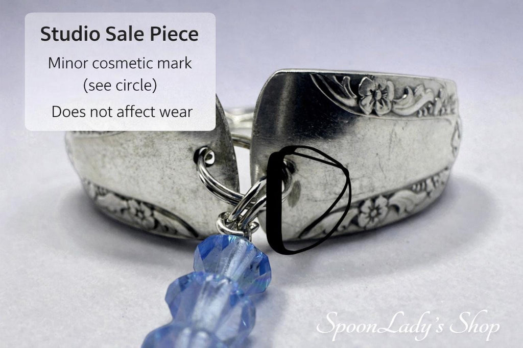 Upcycled Silver-Plated Spoon Bracelet | Floral Engraved Cuff with Blue Crystal Charm