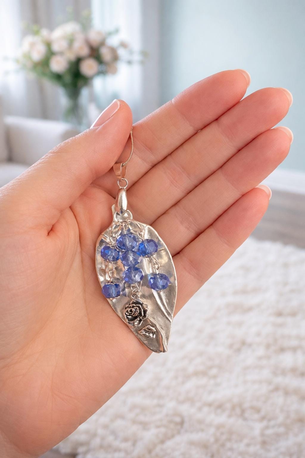 Upcycled Silver Plated Spoon Pendant Necklace, Vintage Floral Silverware Jewelry