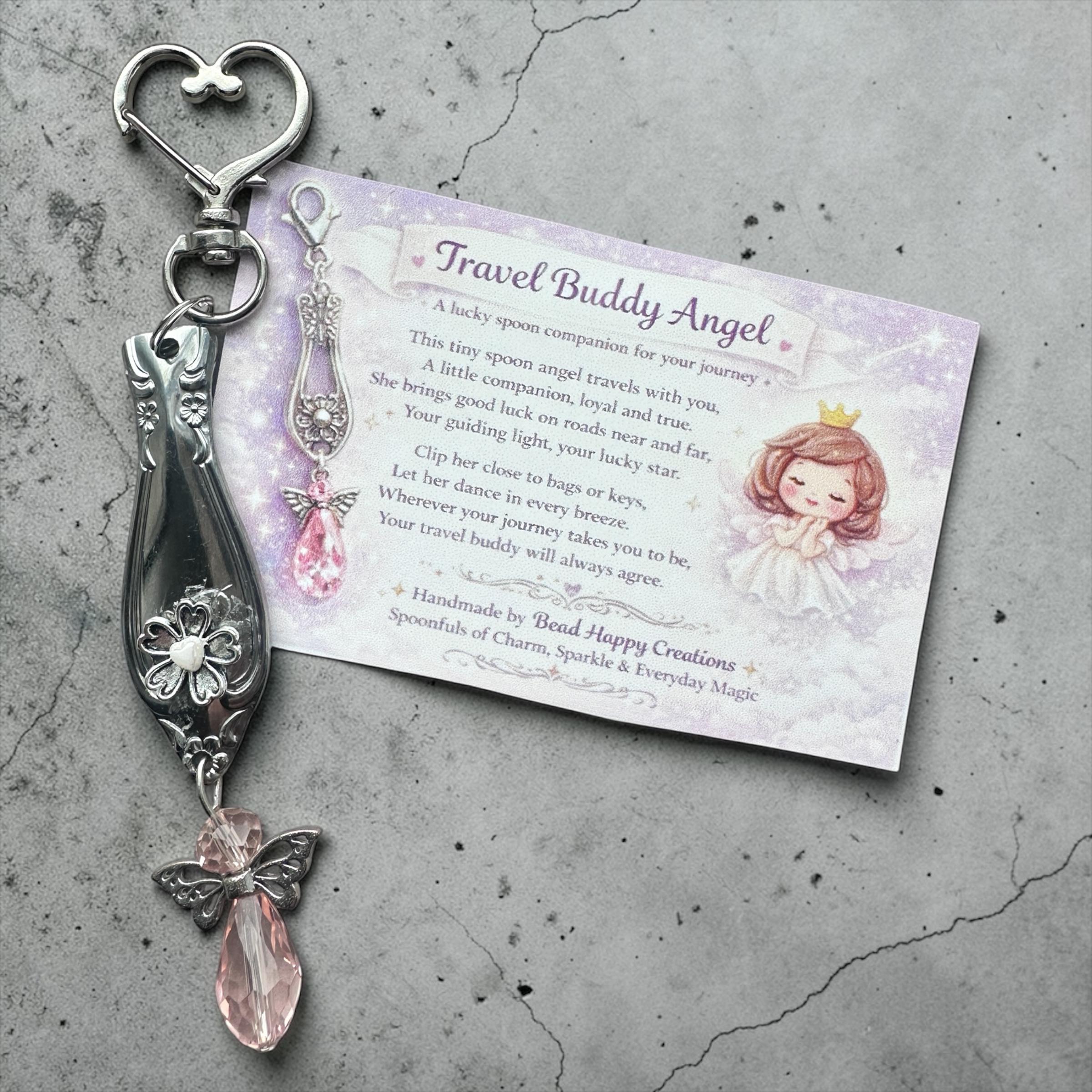 Handmade Angel Luggage Zipper Pull – Vintage Spoon Charm, Crystal Travel Bag Accessory