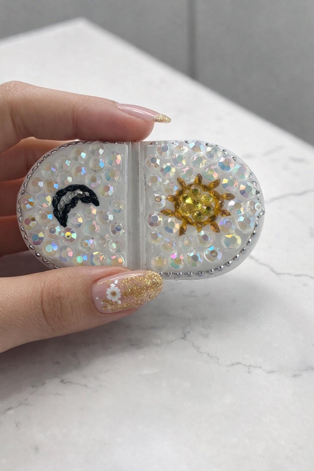 Sparkly Sun Moon Pill Case, Celestial Rhinestone Trinket Box, Mini Travel Holder, Organizer