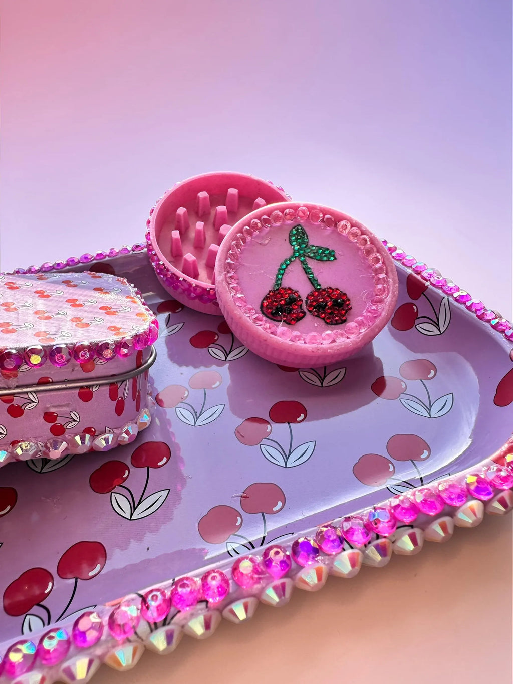Rolling tray Pink Cherry Vanity Set, Cute Trinket Tray Decor, Rhinestone Jewelry Tray, Cherry Tin Box, Coquette Room Decor, Girly Gift Idea