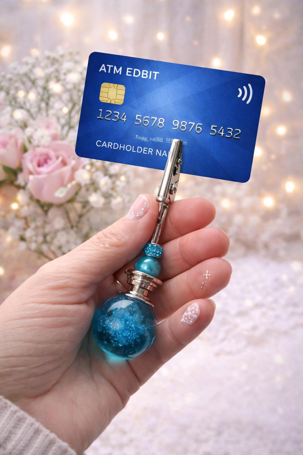 Handmade Blue ATM Card Grabber Keychain, Long Nail Helper, Beaded Debit Card Clip, jewelry fastener