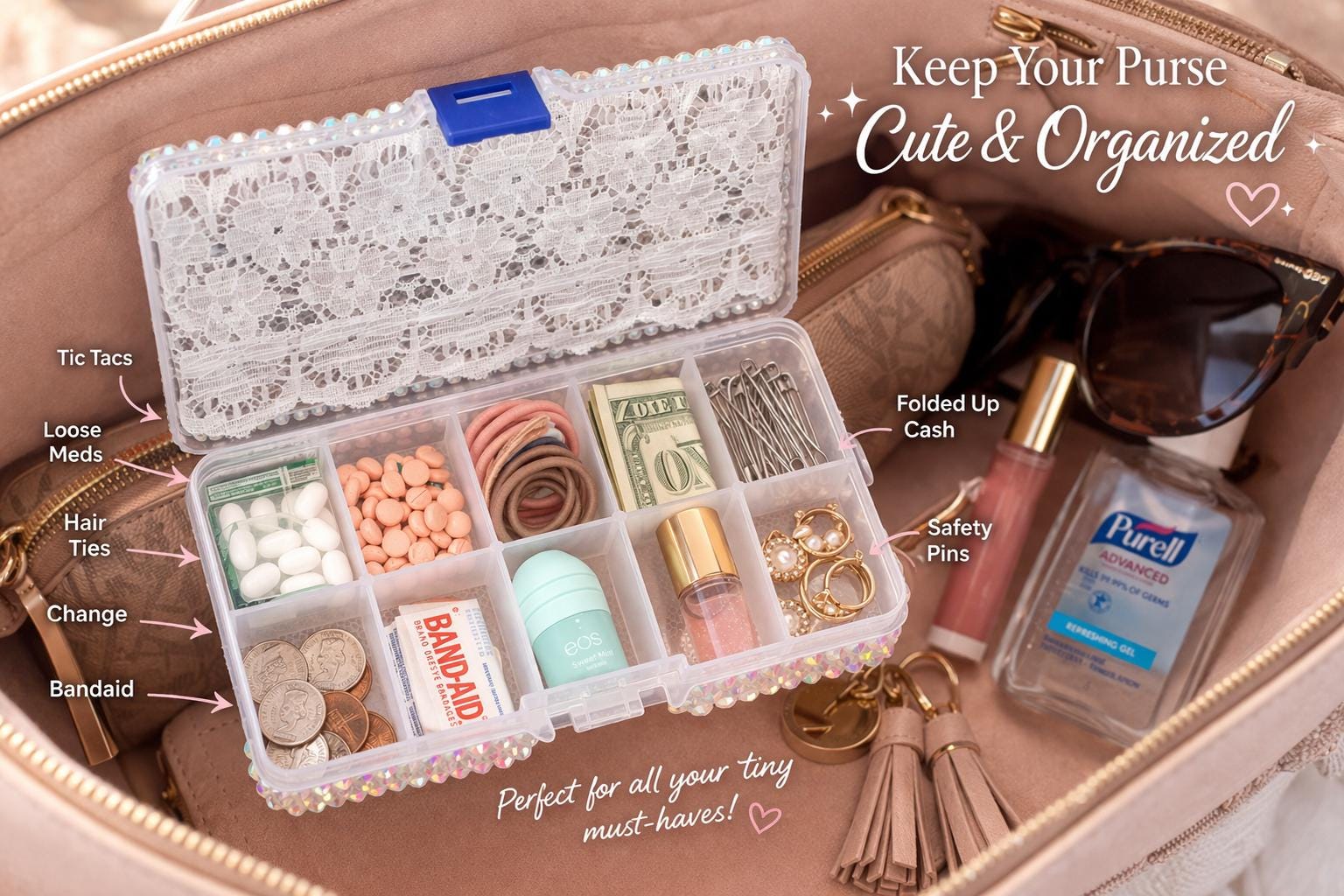 Hand-Decorated Rhinestone Organizer Box, Lace Jewelry Trinket Storage Case