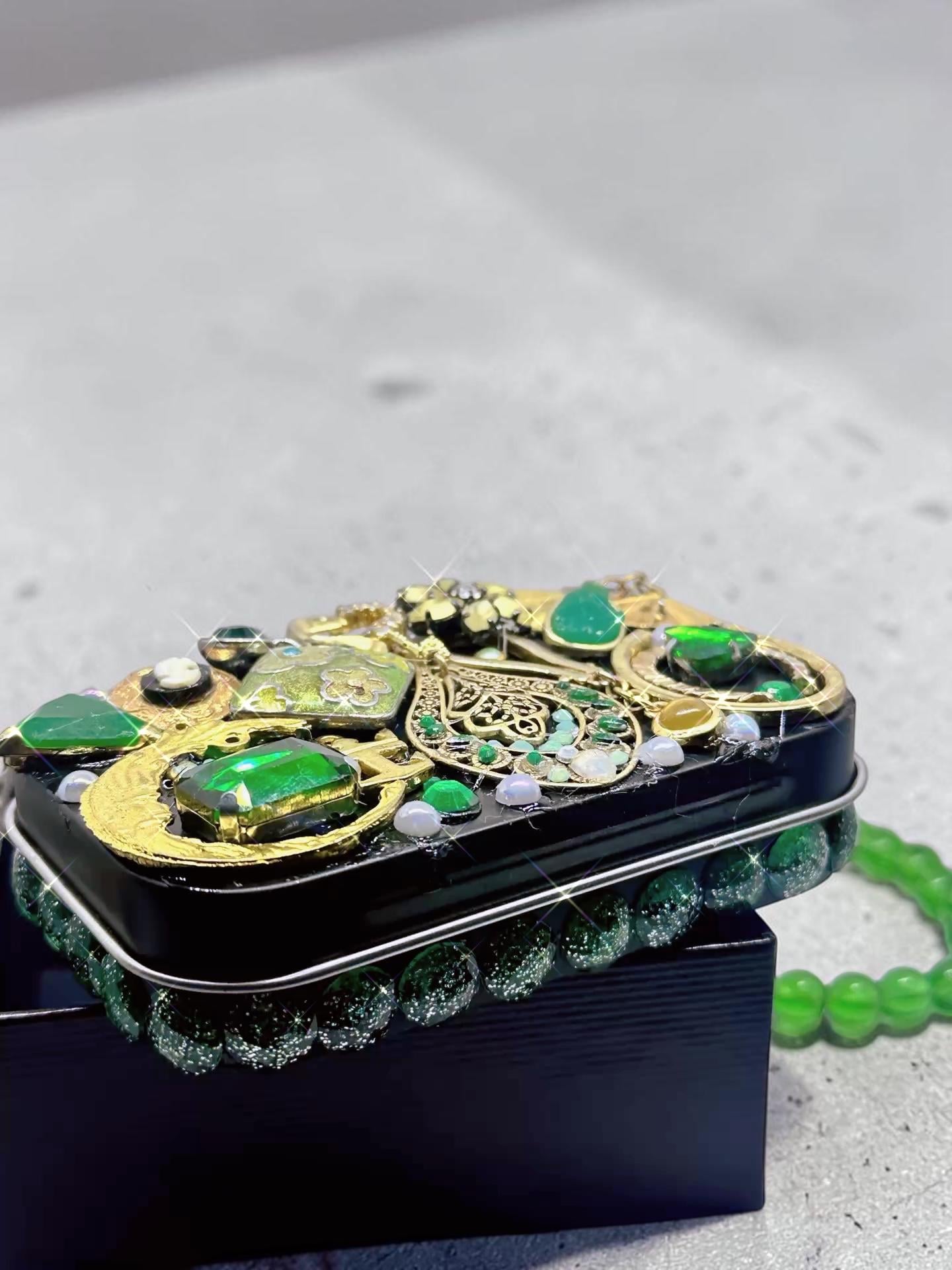 Hand-Decorated Vintage Jewelry Keepsake Tin – Green Rhinestone Trinket Box Mystery Assortment