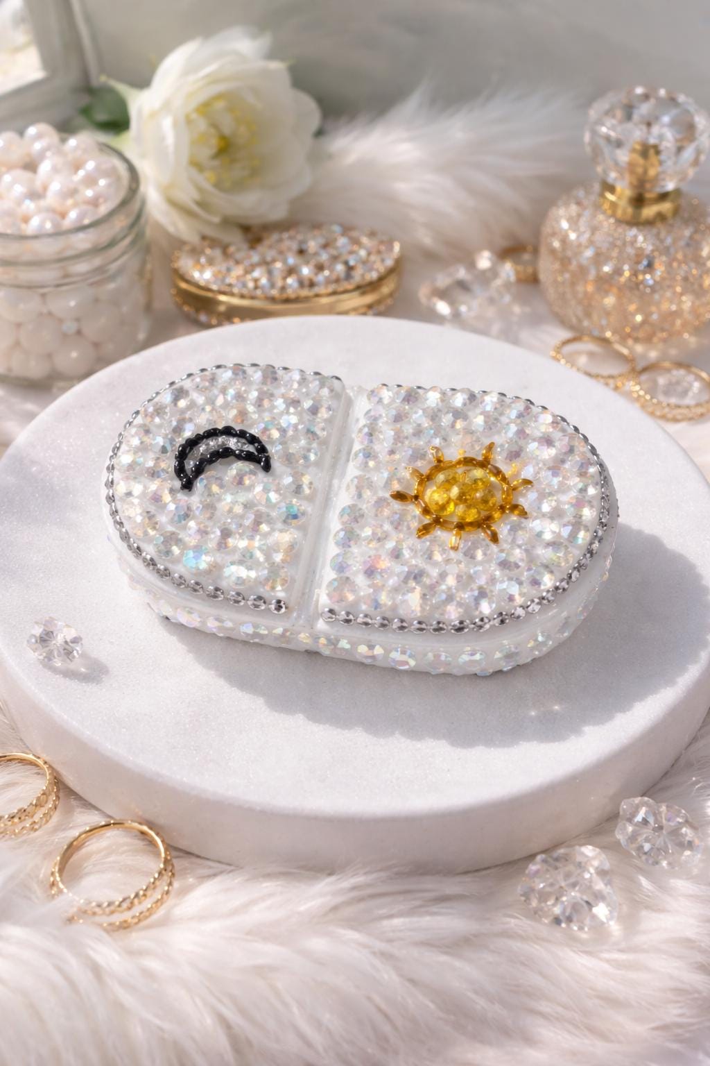 Sparkly Sun Moon Pill Case, Celestial Rhinestone Trinket Box, Mini Travel Holder, Organizer
