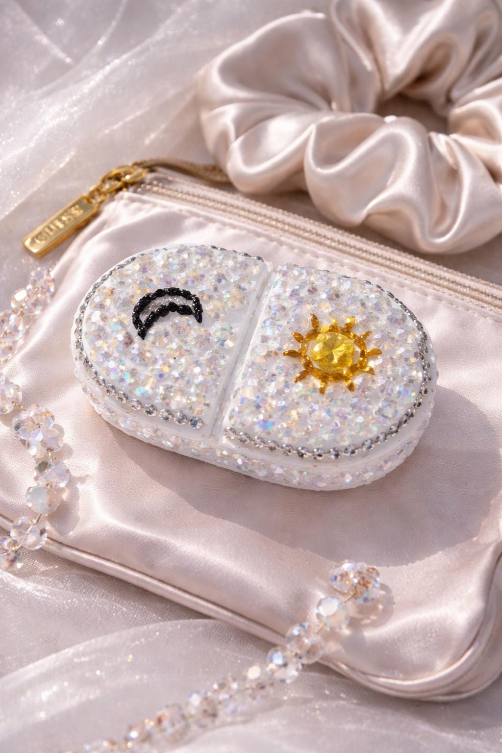 Sparkly Sun Moon Pill Case, Celestial Rhinestone Trinket Box, Mini Travel Holder, Organizer