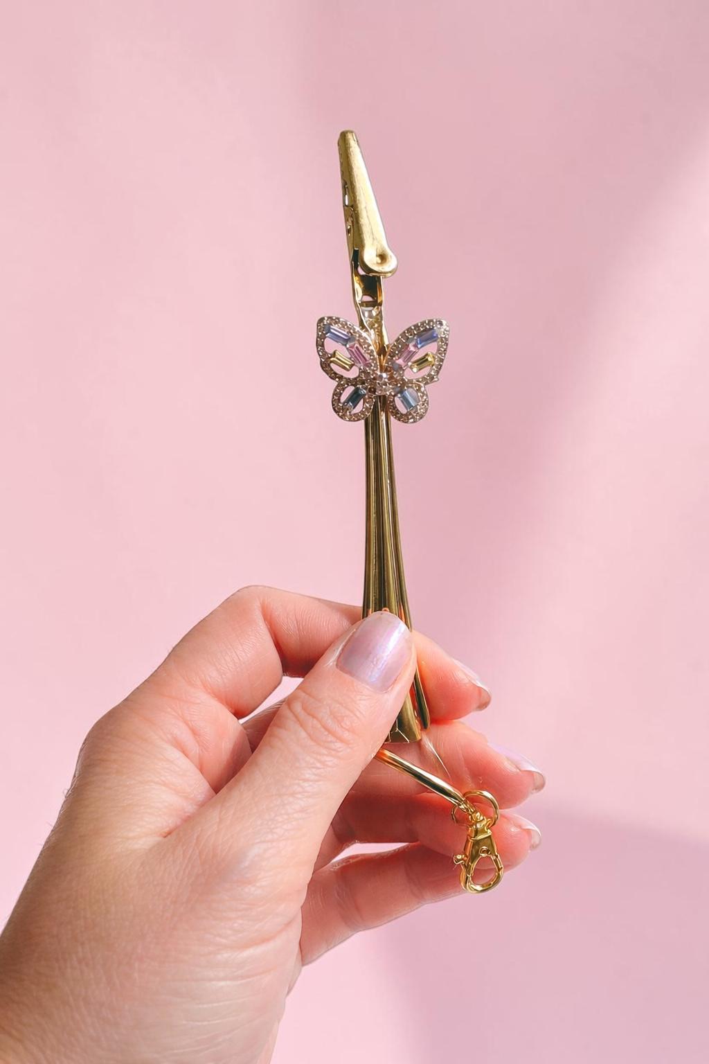 Butterfly Crystal ATM Card Clip – Long Nail Helper & Bracelet Fastener – Gold Sparkle Hand Tool